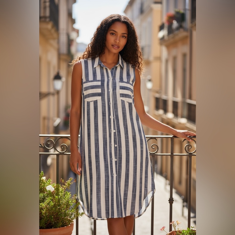 Blue Striped Sleeveless Size 14 sleeveless Shirt Dress Stripes